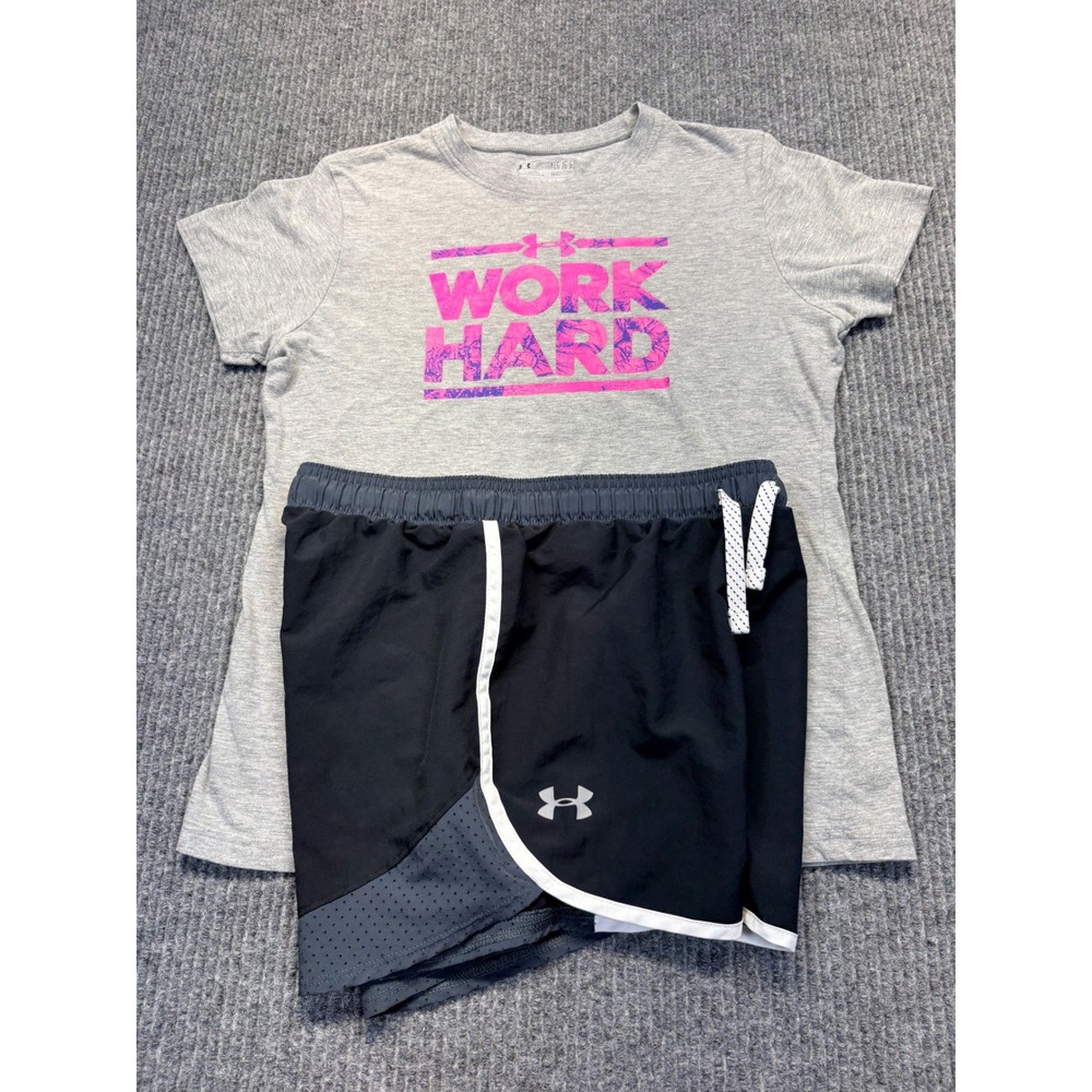 Under Armour Girls 2pc Set Gray Work Hard Tee Black Mesh Shorts Size Large YLG